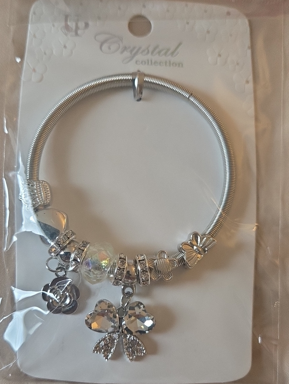 Women's Silver Plated Charm Bracelet with Heart Bow Crystal Charm And Bling!